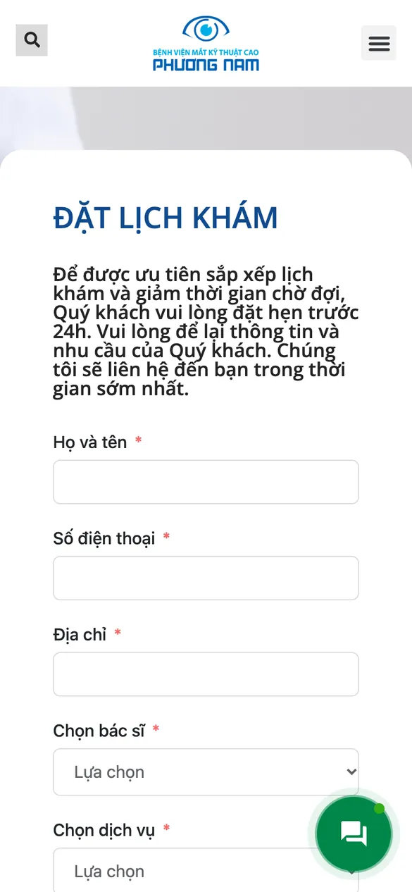 Website Bệnh viện Mắt Phương Nam - Đặt lịch trên điện thoại