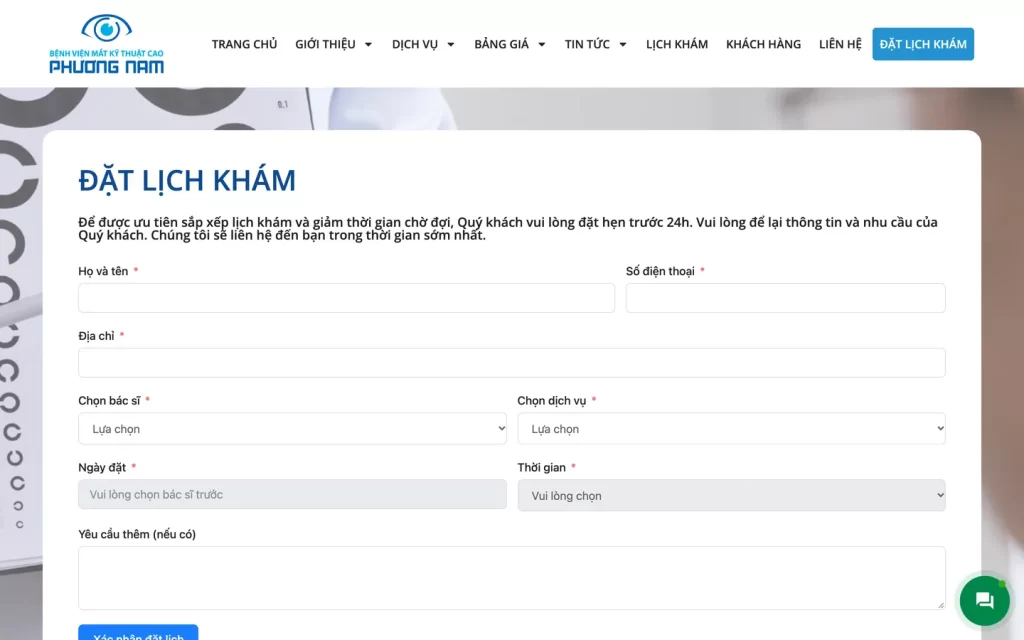 Website Bệnh viện Mắt Phương Nam - Đặt lịch khám
