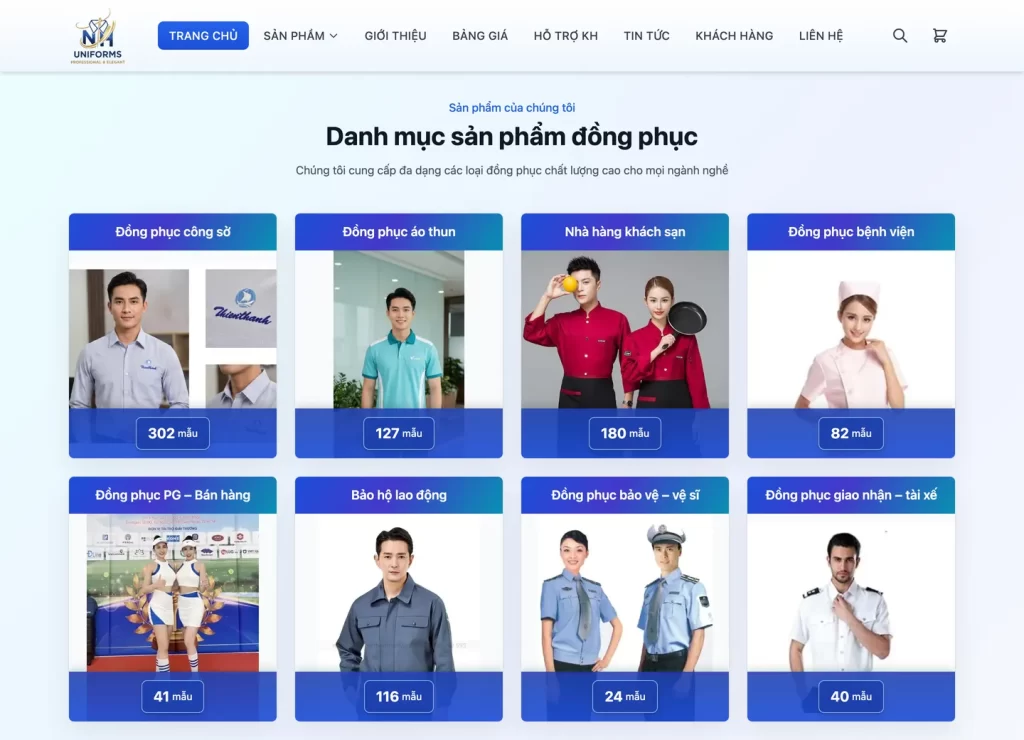 Website Đồng Phục Nhị Hồ - Trang chủ: danh mục sản phẩm