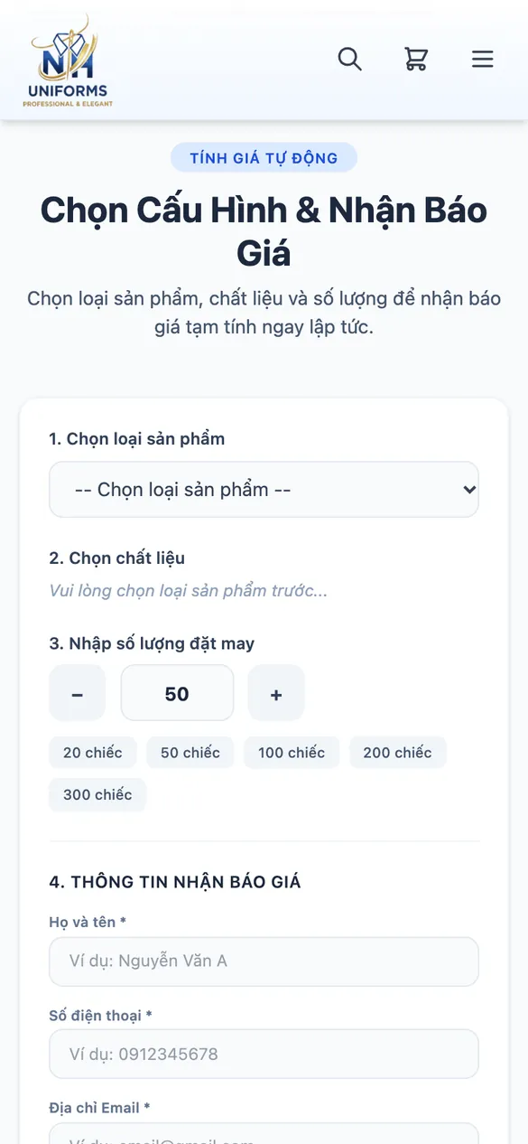 Website Đồng Phục Nhị Hồ - Tính giá trên điện thoại