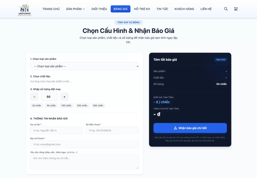Website Đồng Phục Nhị Hồ - Bảng giá và tính giá