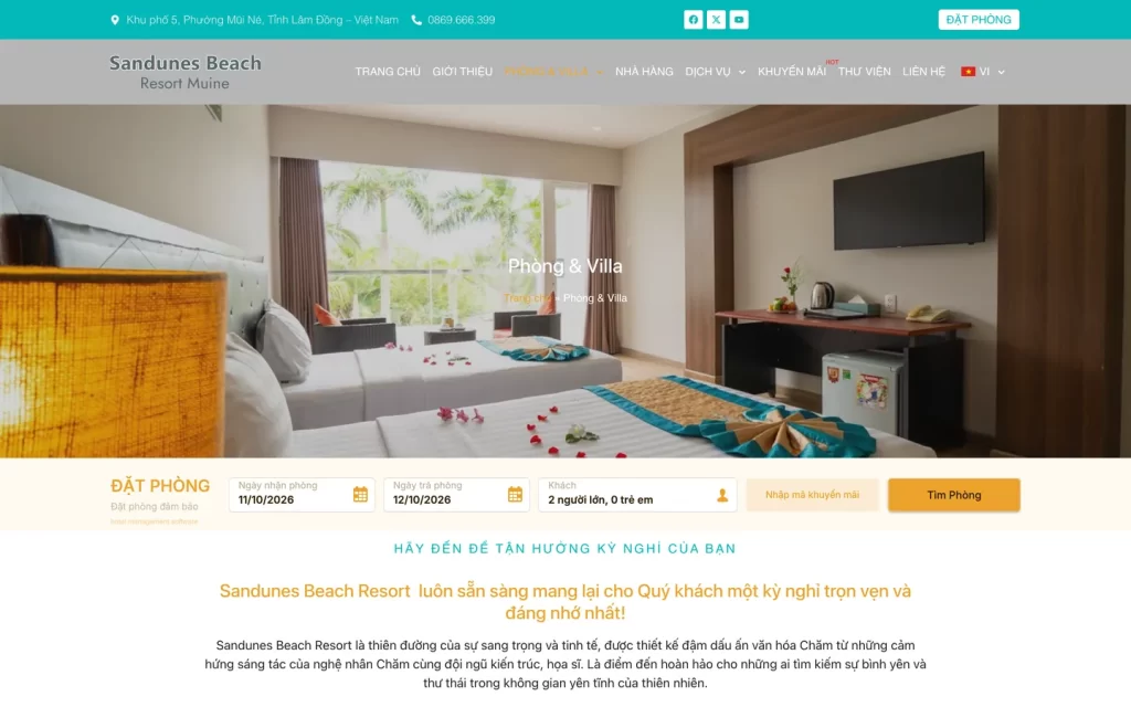 Website Sandunes Beach Resort - Phòng & Villa
