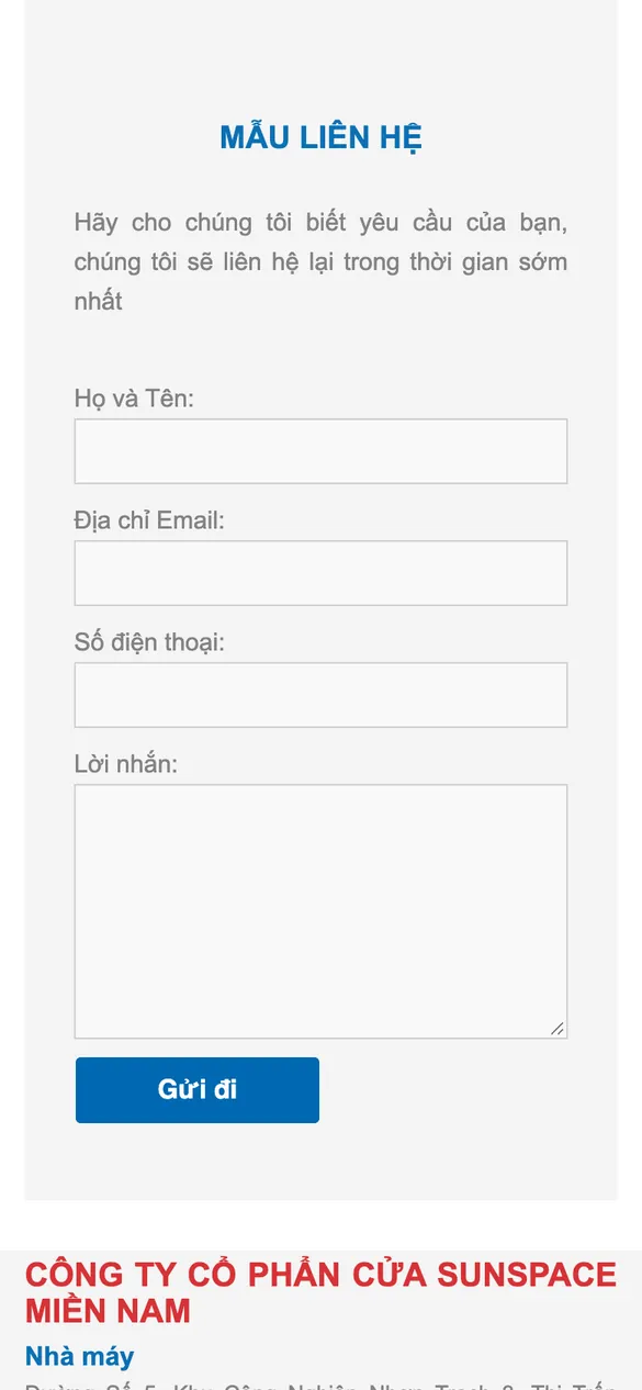 Website Sunspace-EBM - Form liên hệ trên điện thoại