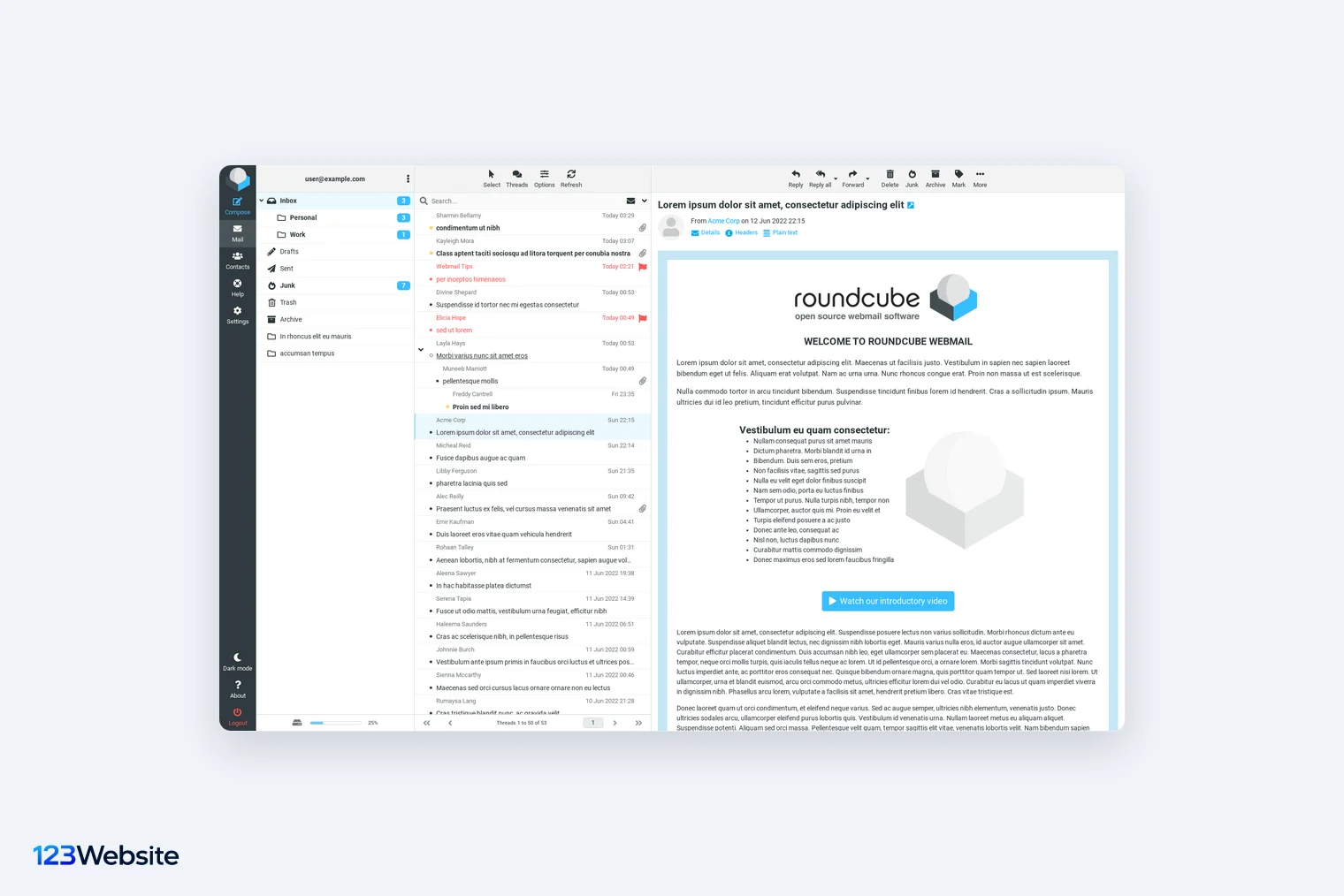 Giao diện webmail Roundcube với hộp thư đến của một địa chỉ email theo tên miền