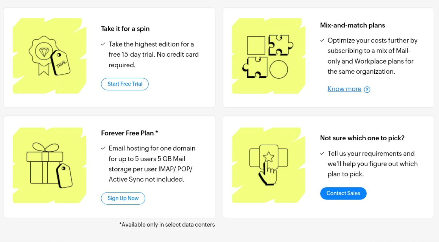 Trang giá Zoho Mail ghi gói Forever Free cho một tên miền và tối đa 5 người dùng