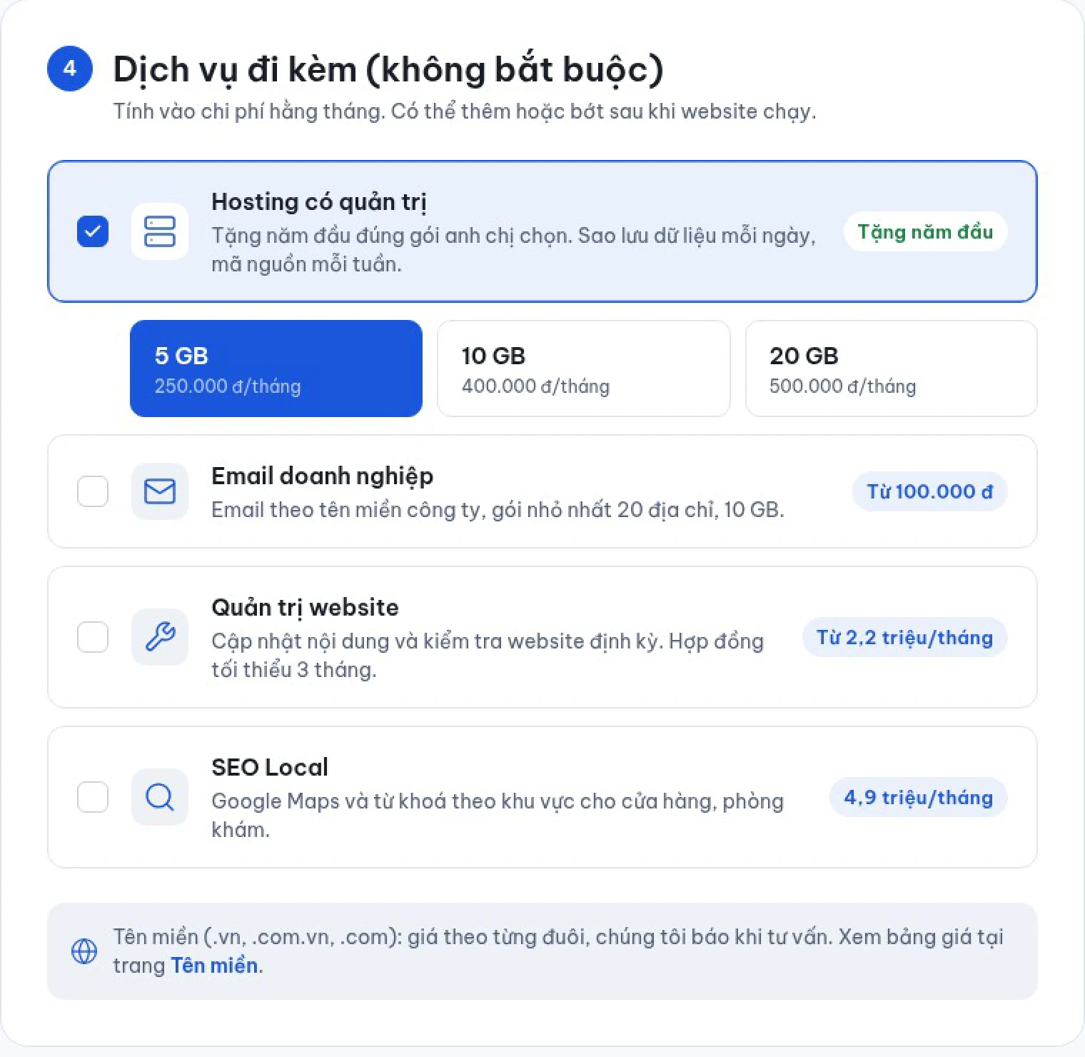 Mục dịch vụ đi kèm có email doanh nghiệp trong công cụ tính chi phí website của 123Website