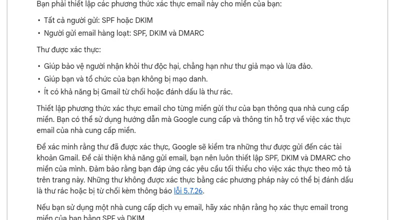 Trang hướng dẫn của Google yêu cầu người gửi email thiết lập SPF, DKIM và DMARC