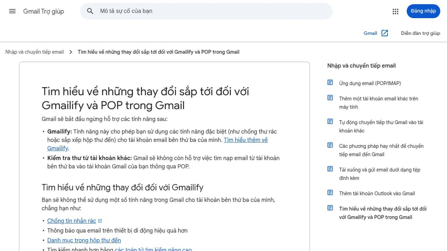 Trang trợ giúp Gmail thông báo ngừng Gmailify và lấy thư từ tài khoản khác qua POP
