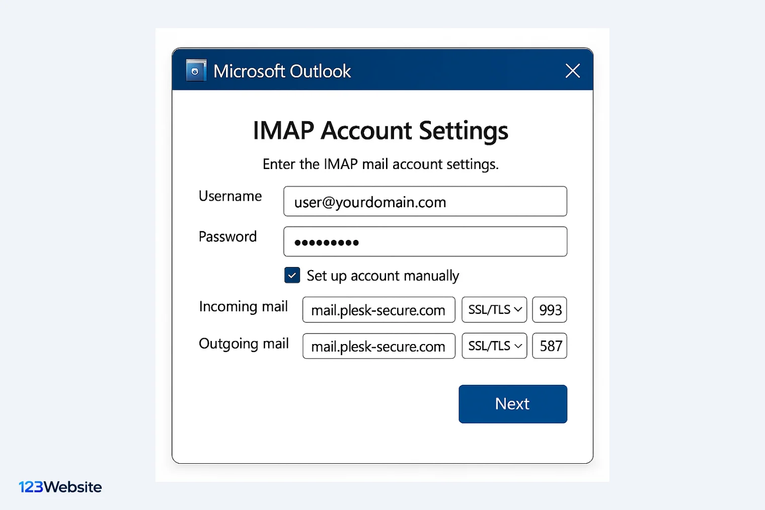Hộp thoại IMAP Account Settings của Outlook với máy chủ thư đến cổng 993 và thư đi cổng 587