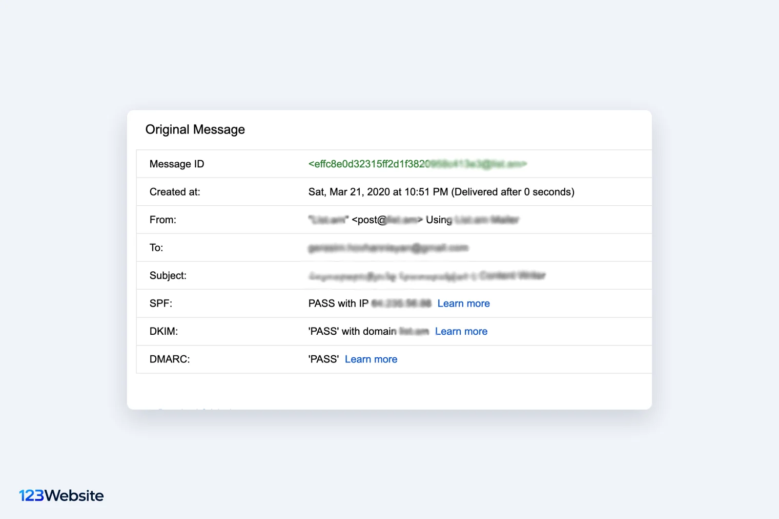 Mục Hiển thị bản gốc trong Gmail ghi SPF, DKIM, DMARC đều PASS