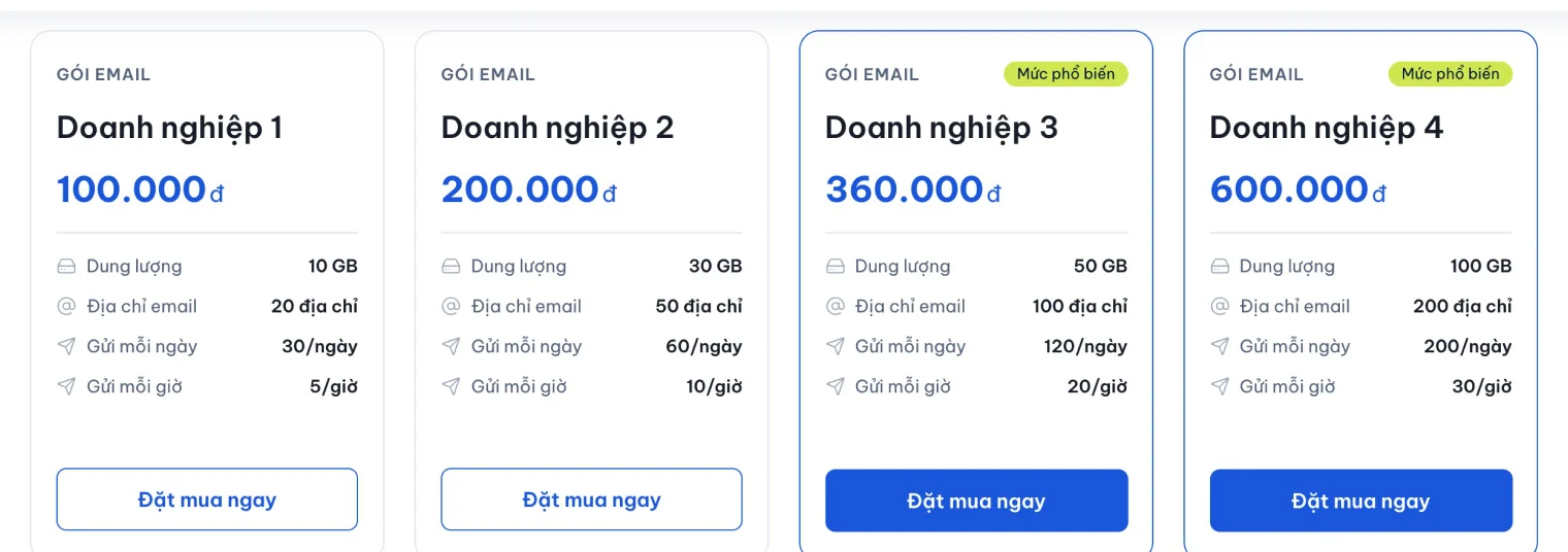 Bảng bốn gói email doanh nghiệp đầu tiên với dung lượng và giới hạn gửi trên trang 123Website