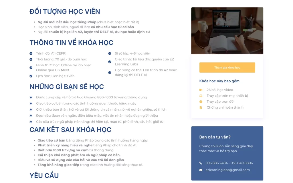 Website EZ Learning Labs - Khóa tiếng Pháp A1