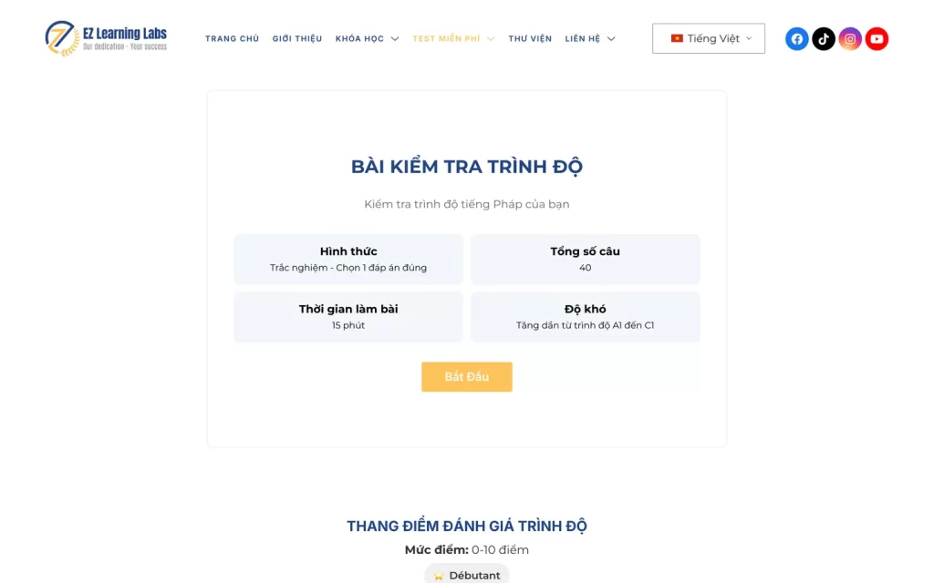 Website EZ Learning Labs - Kiểm tra trình độ