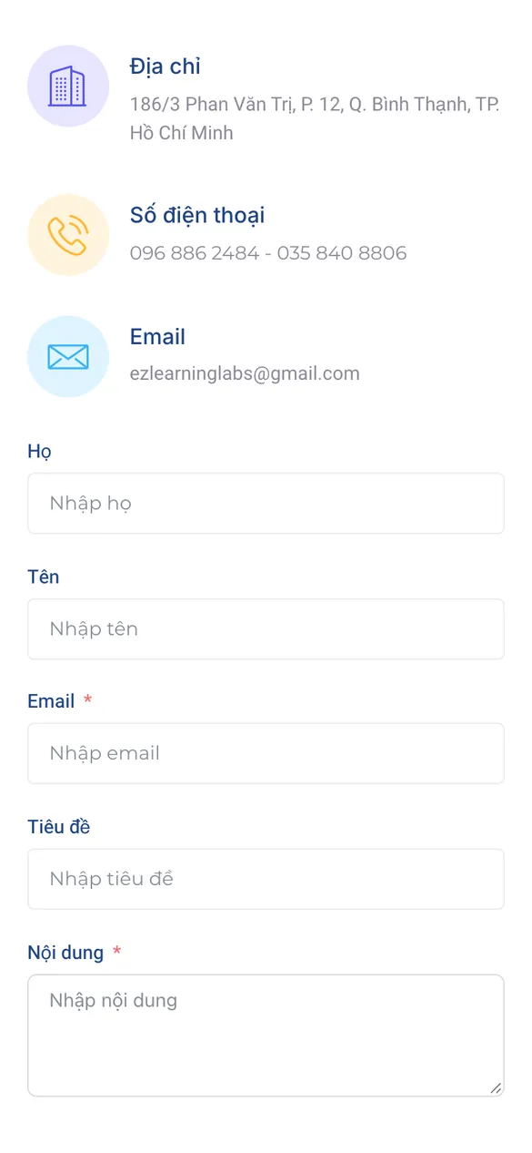 Website EZ Learning Labs - Liên hệ trên điện thoại
