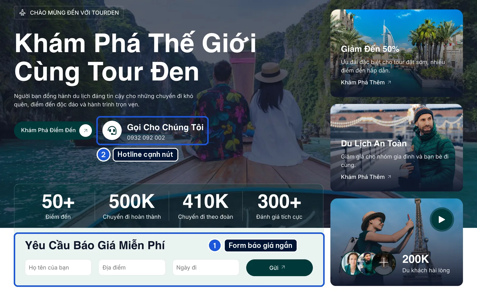 Khối yêu cầu báo giá và hotline trên mẫu TourDen