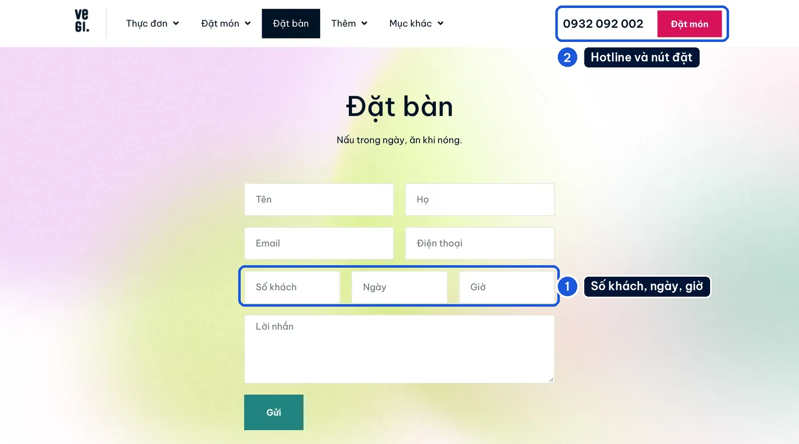 A table-booking form with fields for party size, date and time on the Vegi restaurant template