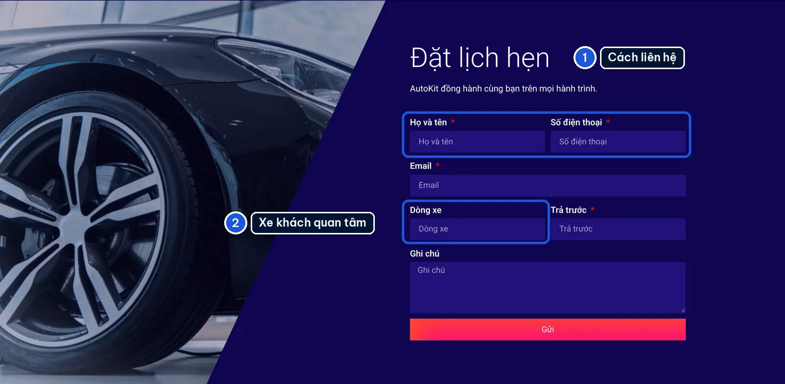 Form đặt lịch hẹn xem xe trên mẫu website showroom xe AutoKit