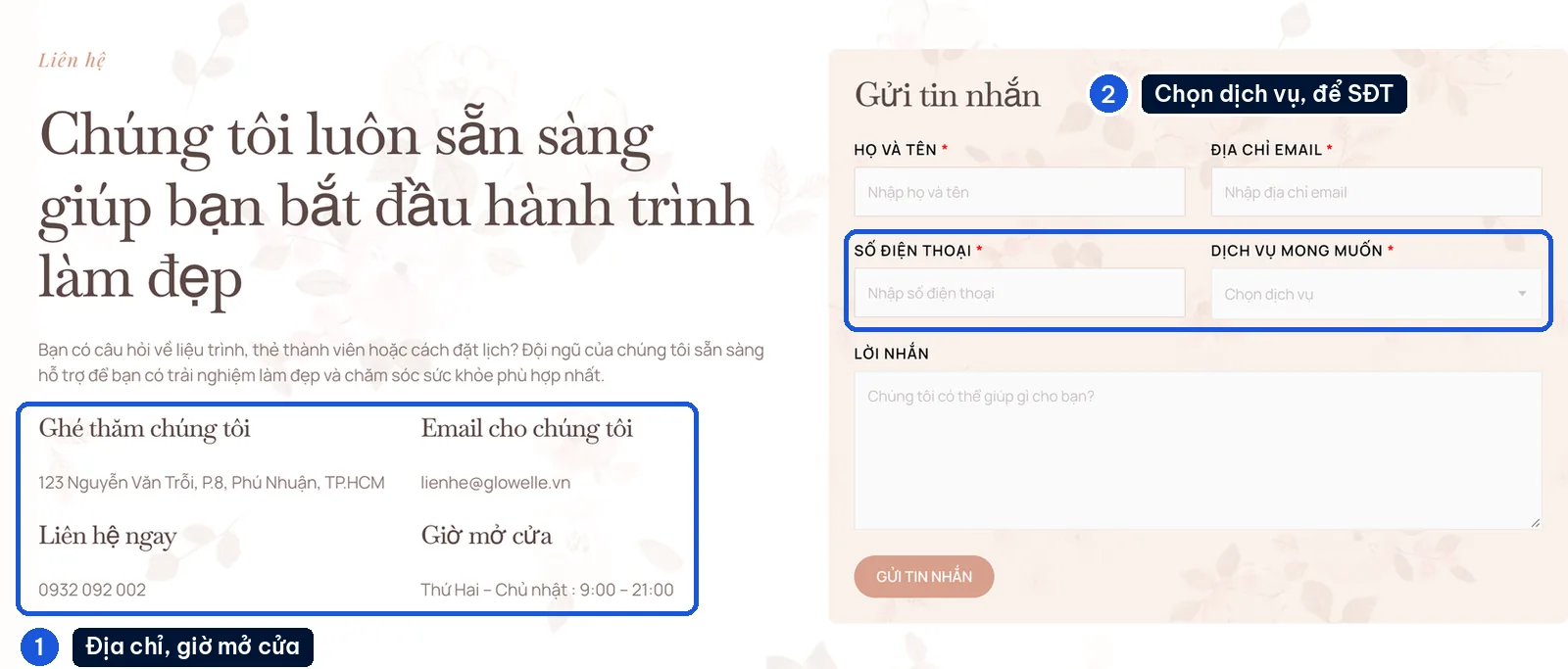 Form đặt lịch chọn dịch vụ, địa chỉ và giờ mở cửa trên mẫu website spa Glowelle