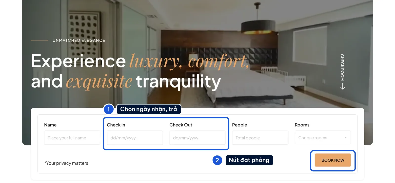 Form đặt phòng mẫu Luxora với ô ngày nhận, ngày trả phòng và nút đặt