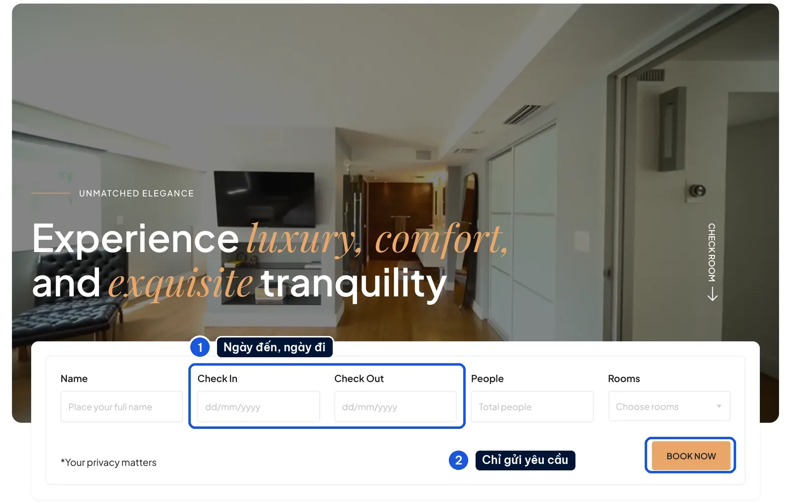 Form đặt phòng trên mẫu khách sạn Luxora với ô ngày đến, ngày đi, số khách và nút Book Now