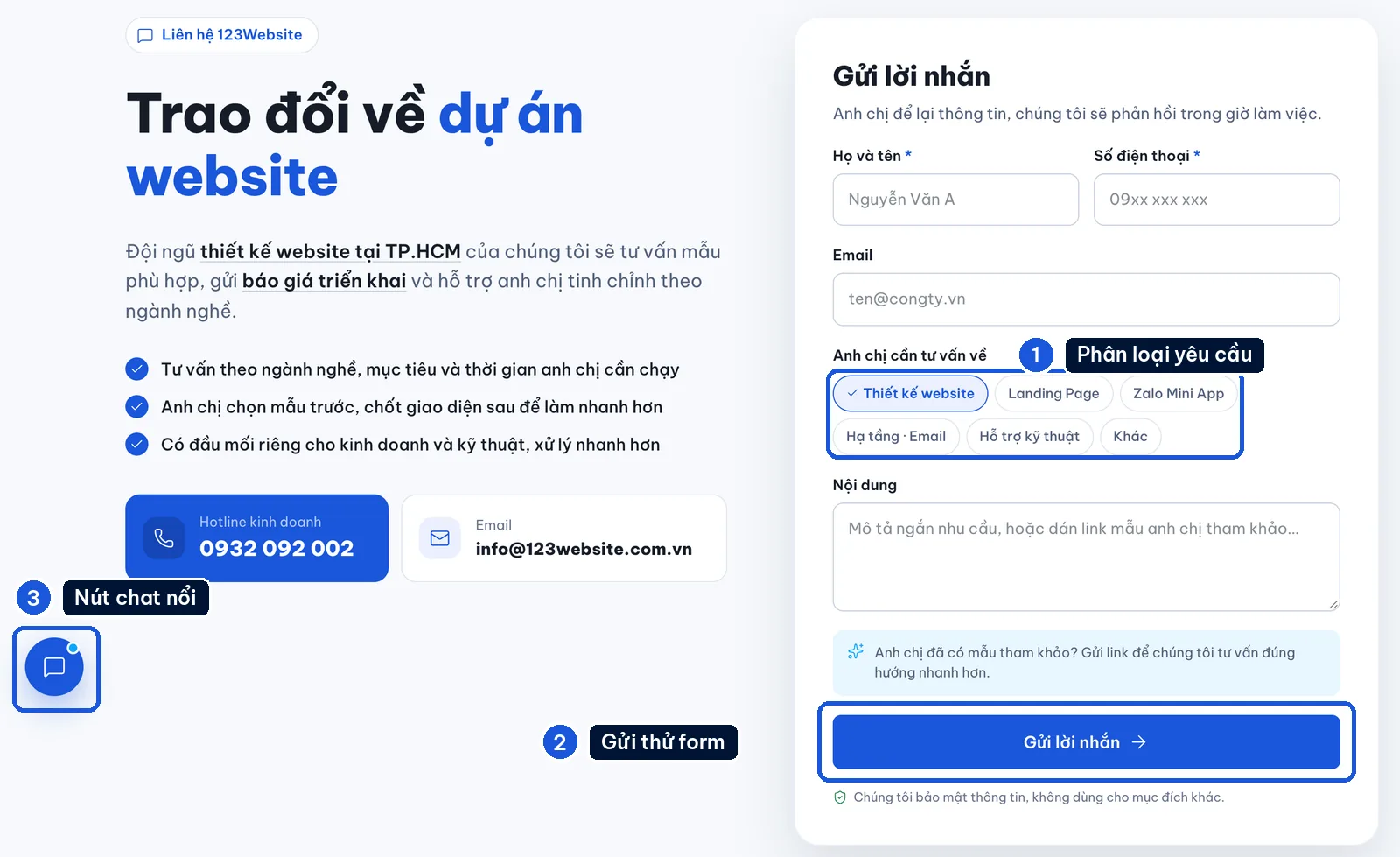 Form liên hệ 123Website có ô chọn nhu cầu, nút gửi và nút chat nổi