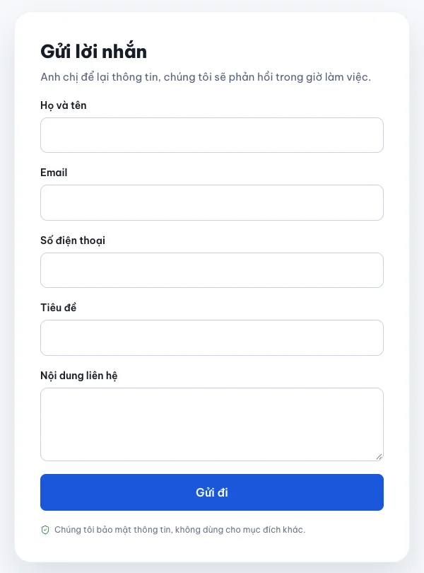 Form gửi lời nhắn trên trang liên hệ 123Website gồm họ tên, email, số điện thoại, nội dung