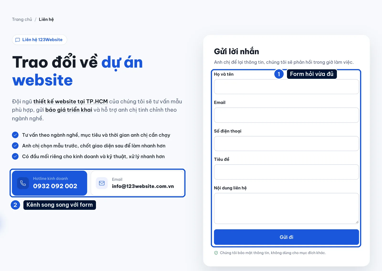 Form Gửi lời nhắn trên trang liên hệ 123Website, bên cạnh hotline và email