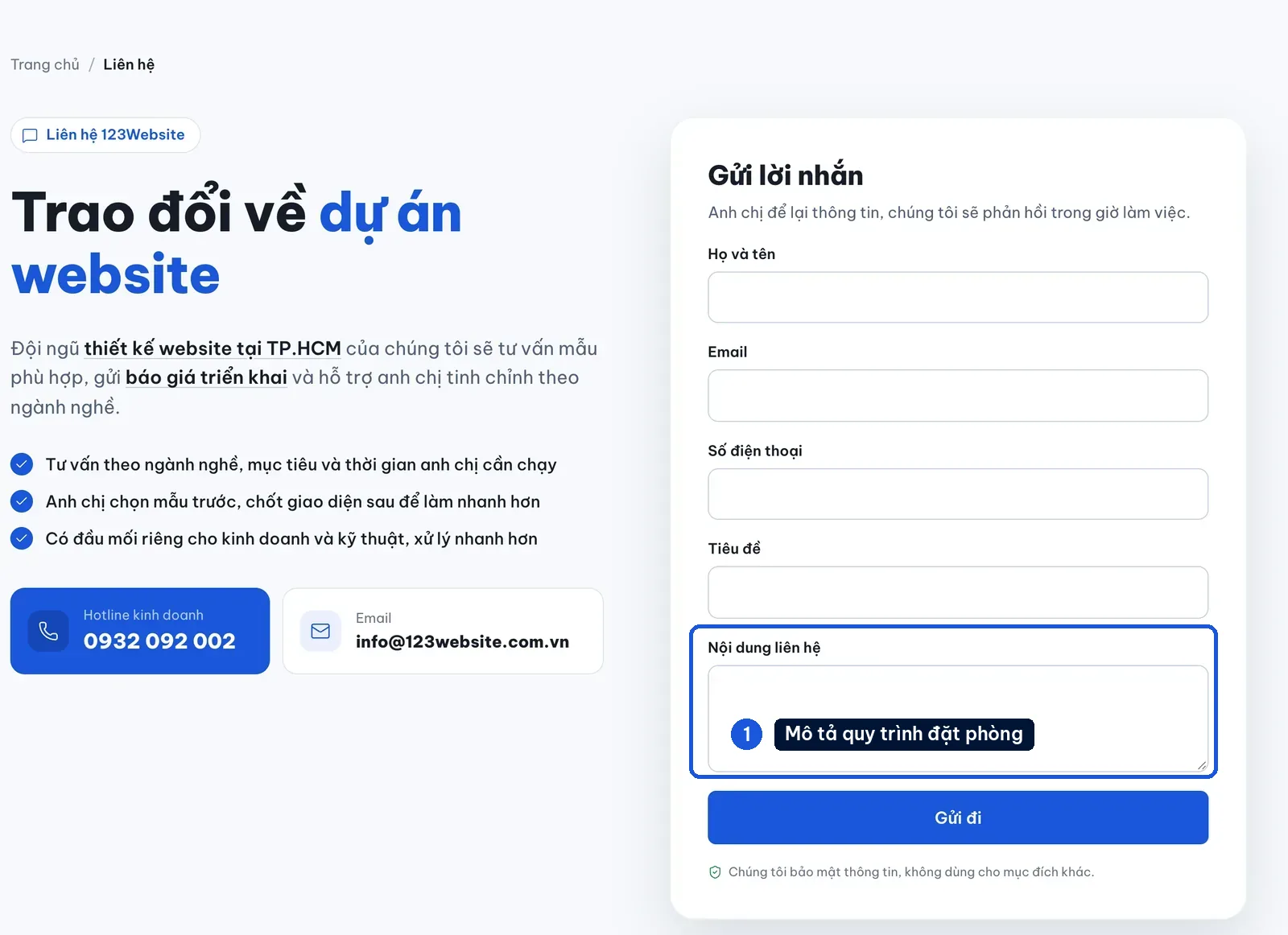 Form Gửi lời nhắn trên trang liên hệ 123Website với ô nội dung liên hệ