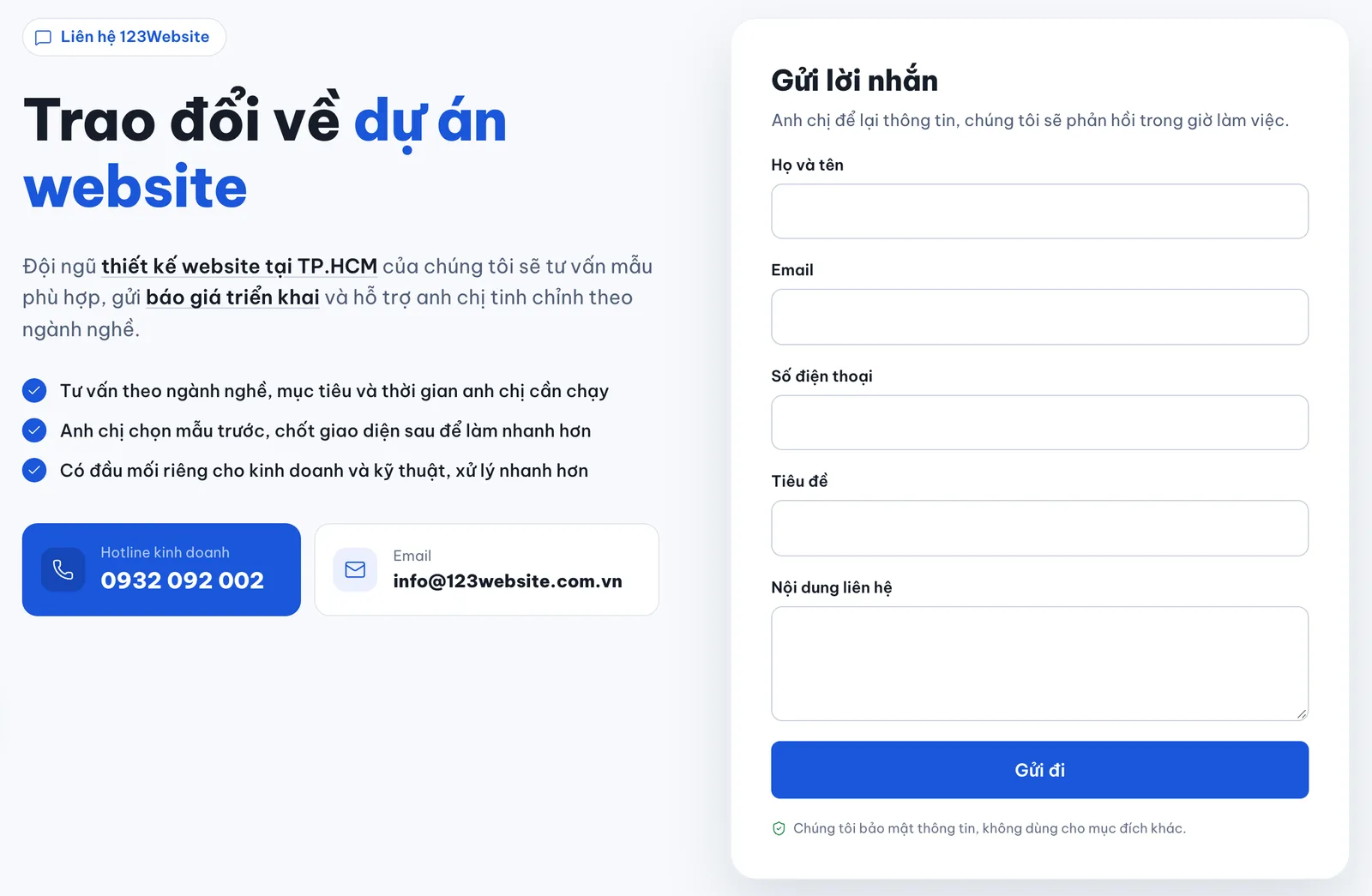 Form Gửi lời nhắn trên trang liên hệ 123Website: họ tên, email, số điện thoại, nội dung
