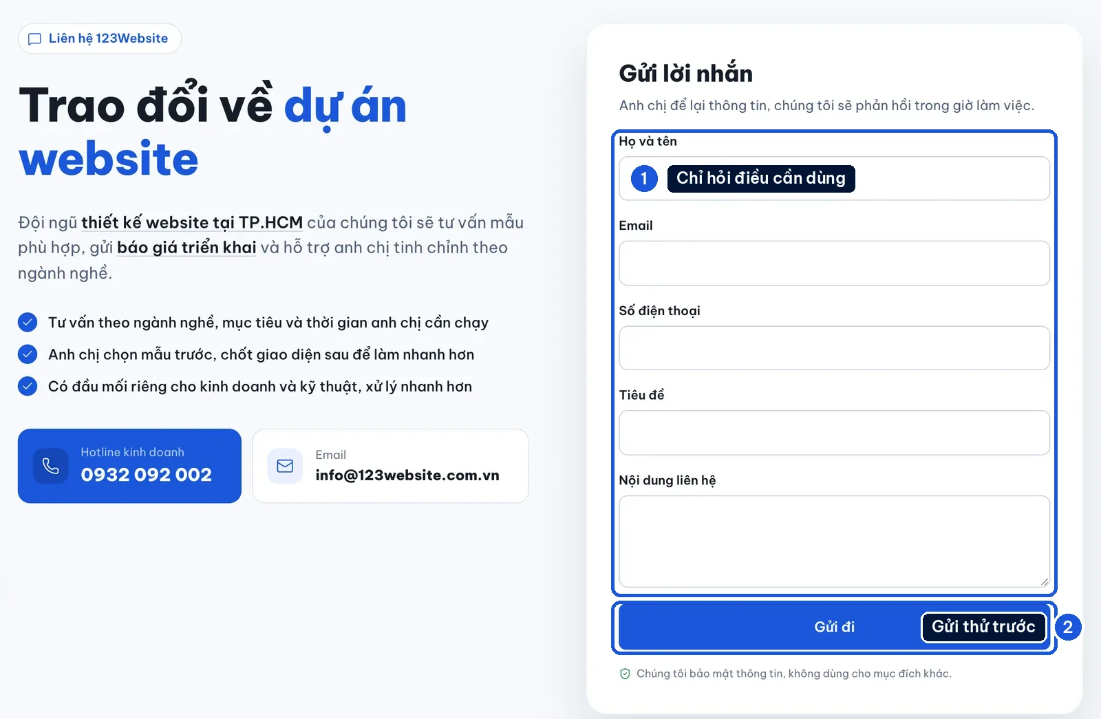 Form gửi lời nhắn trên trang liên hệ 123Website với các ô họ tên, email, số điện thoại, nội dung và nút gửi