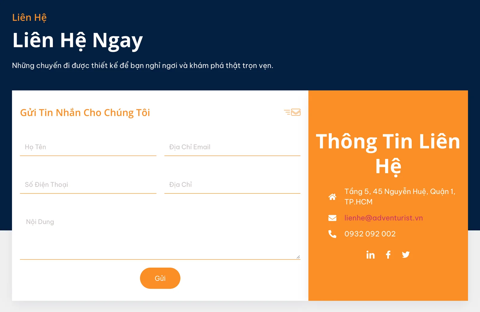 Form liên hệ trên mẫu Adventurist hỏi họ tên, email, số điện thoại và nội dung