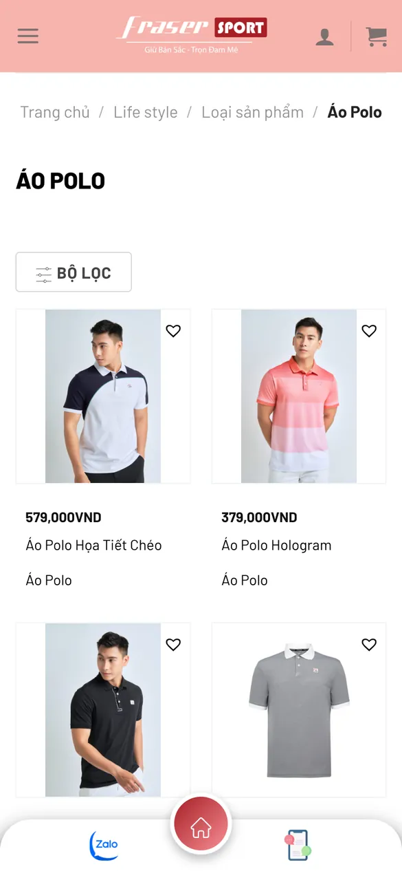 Website Fraser Sport - Danh mục trên điện thoại