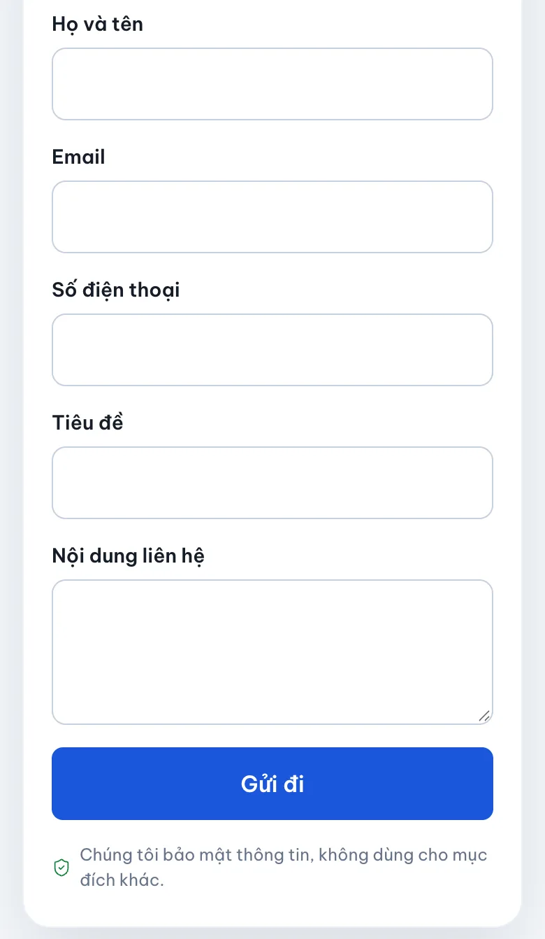Form liên hệ trên điện thoại gồm họ tên, email, số điện thoại, nội dung và nút Gửi đi