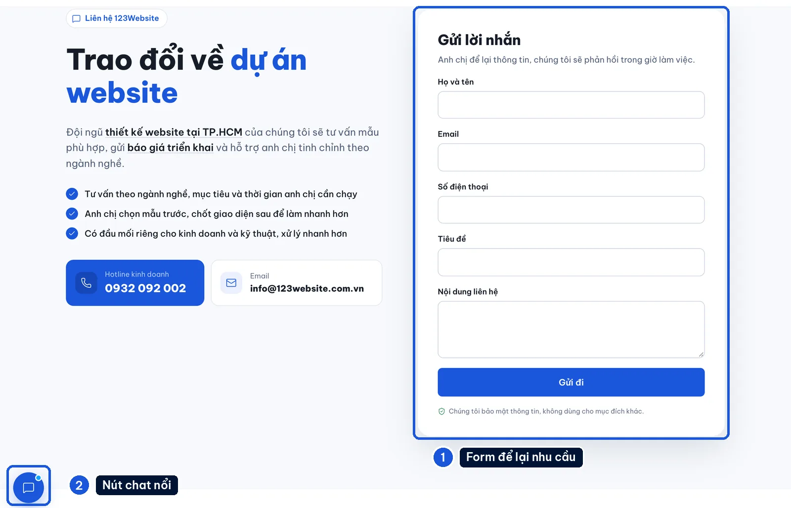 Trang liên hệ 123Website có form Gửi lời nhắn và nút chat nổi ở góc dưới