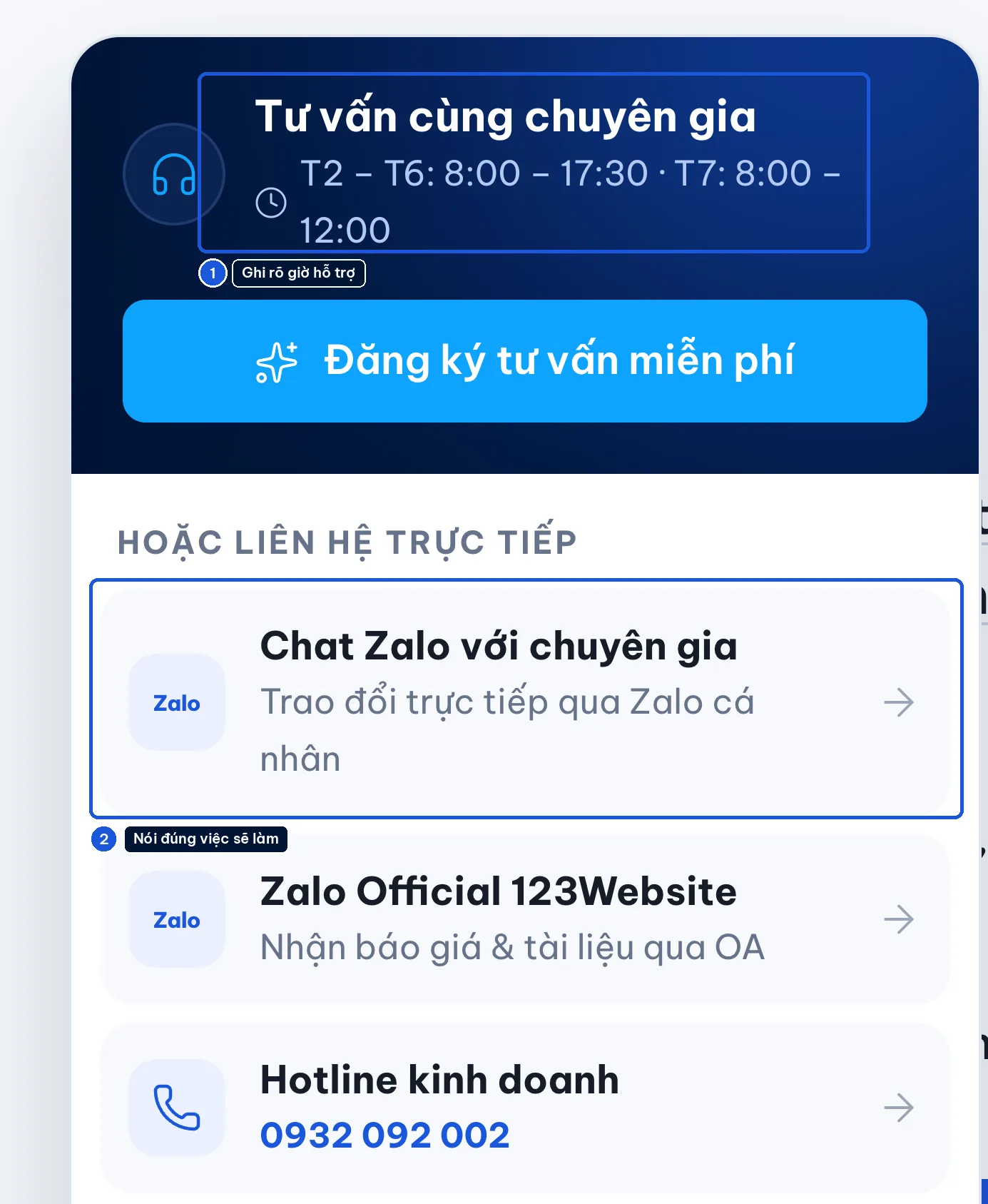 Bảng liên hệ nhanh có giờ hỗ trợ và nút Chat Zalo với chuyên gia trên website 123Website