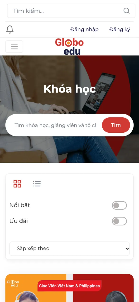 Website Globo Edu - Danh sách khoá trên điện thoại