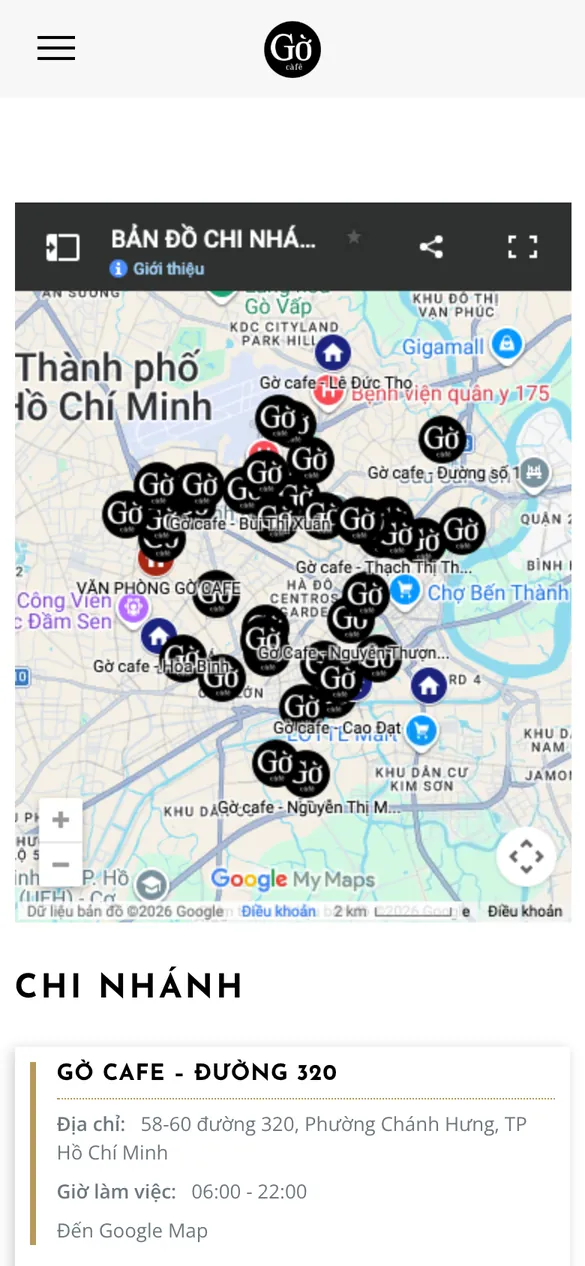 Website Gờ Cafe - Chi nhánh trên điện thoại
