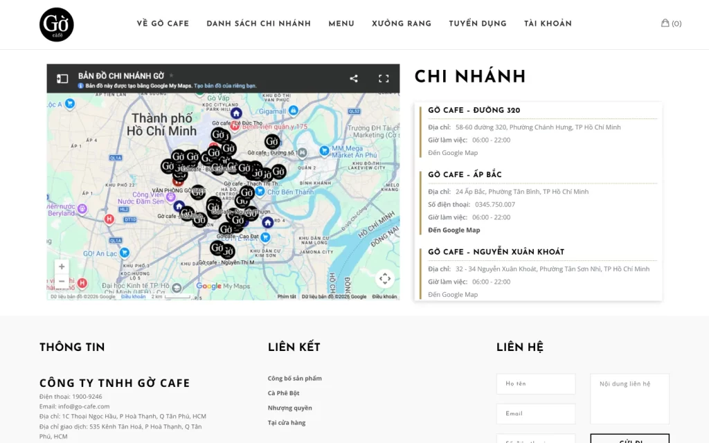 Website Gờ Cafe - Danh sách chi nhánh