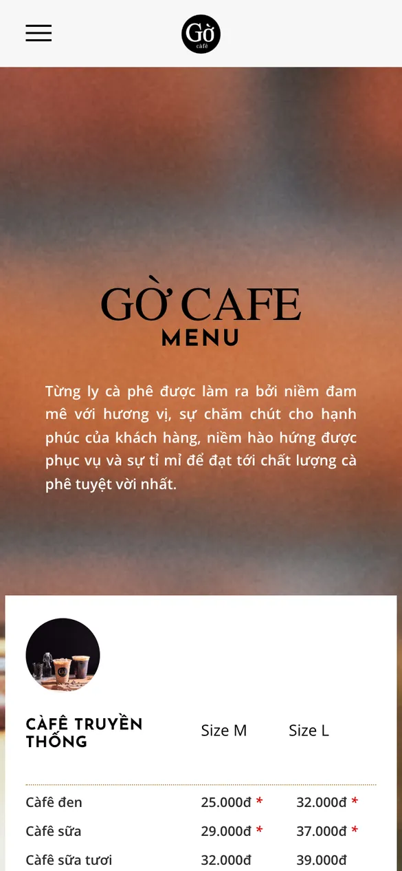 Website Gờ Cafe - Menu trên điện thoại