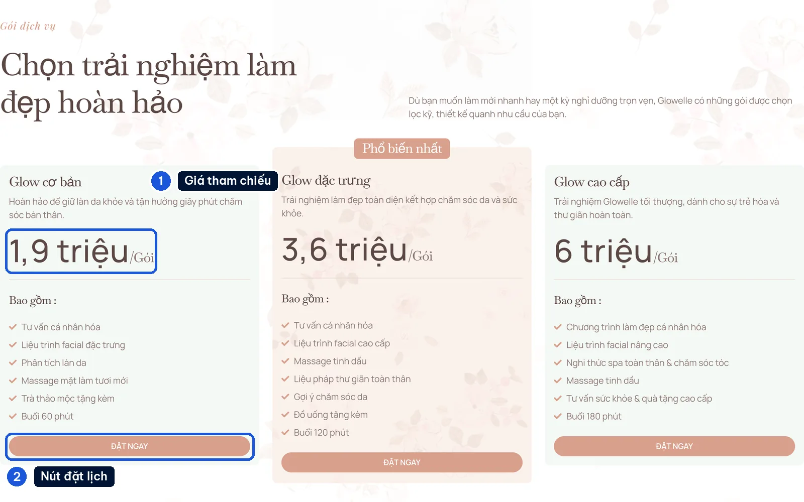 Bảng gói liệu trình có giá tham chiếu và nút Đặt ngay trên mẫu website spa Glowelle