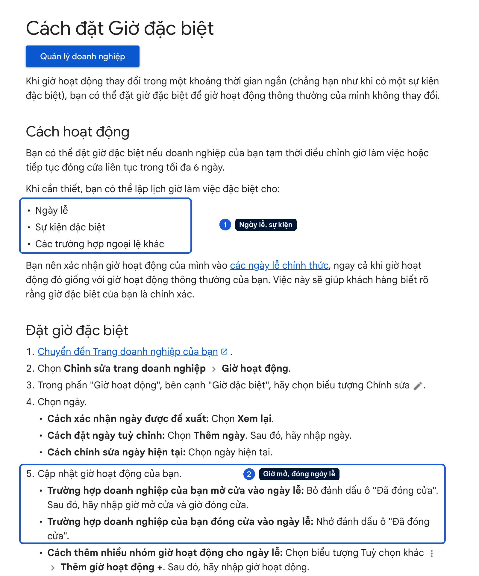 Hướng dẫn đặt giờ đặc biệt cho ngày lễ trên Trang doanh nghiệp Google