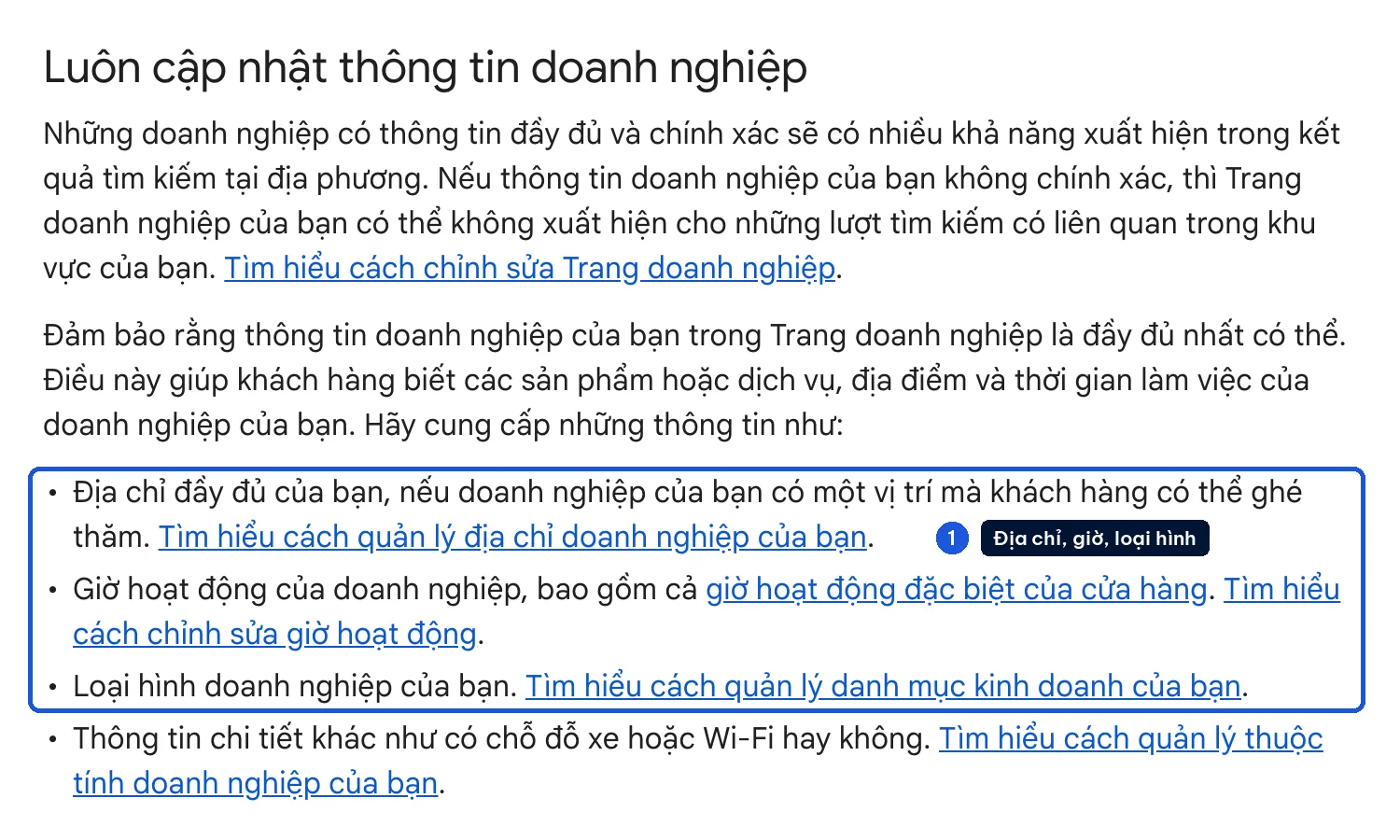 Trang trợ giúp Google Business Profile: mục Luôn cập nhật thông tin doanh nghiệp, đánh dấu địa chỉ, giờ hoạt động, loại hình