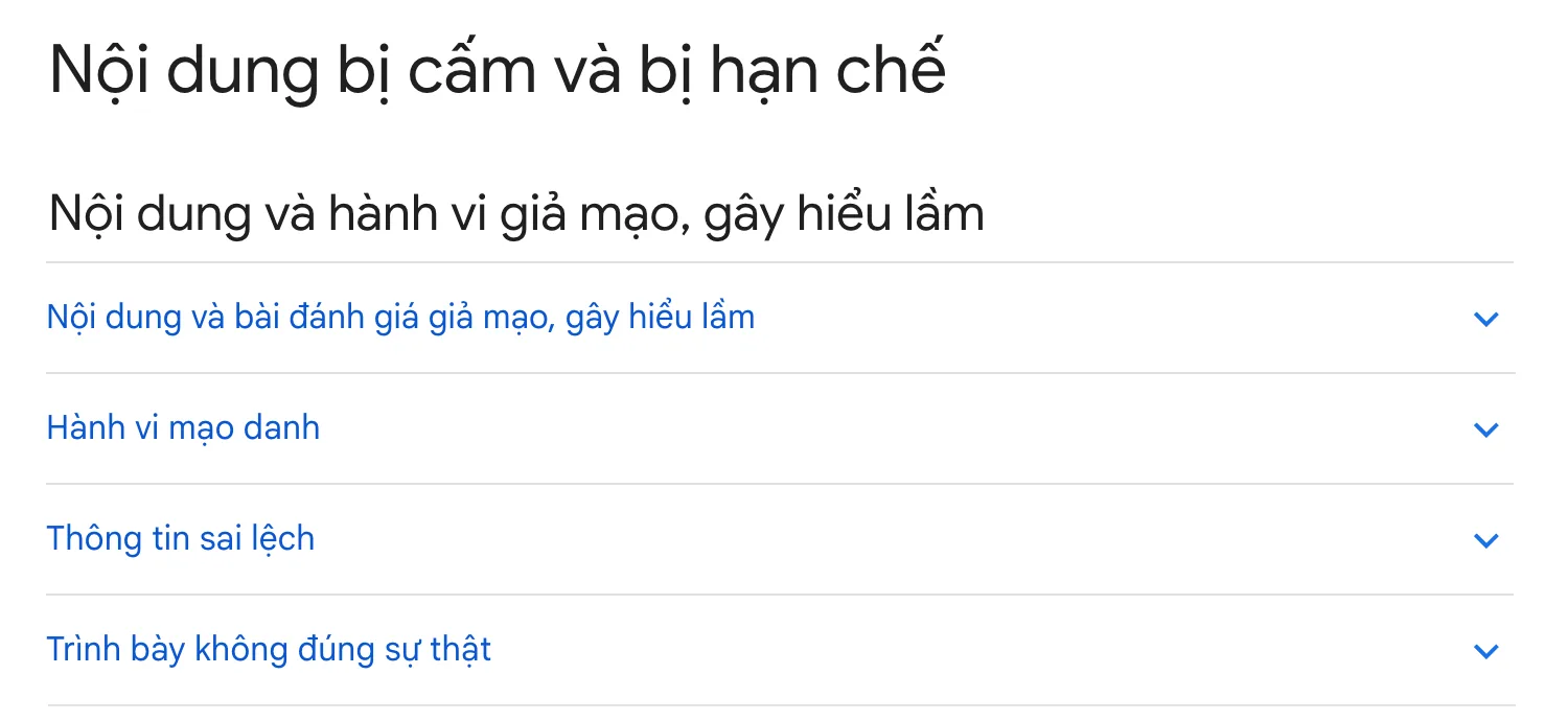 Trang chính sách của Google: Nội dung bị cấm và bị hạn chế, mục nội dung và bài đánh giá giả mạo