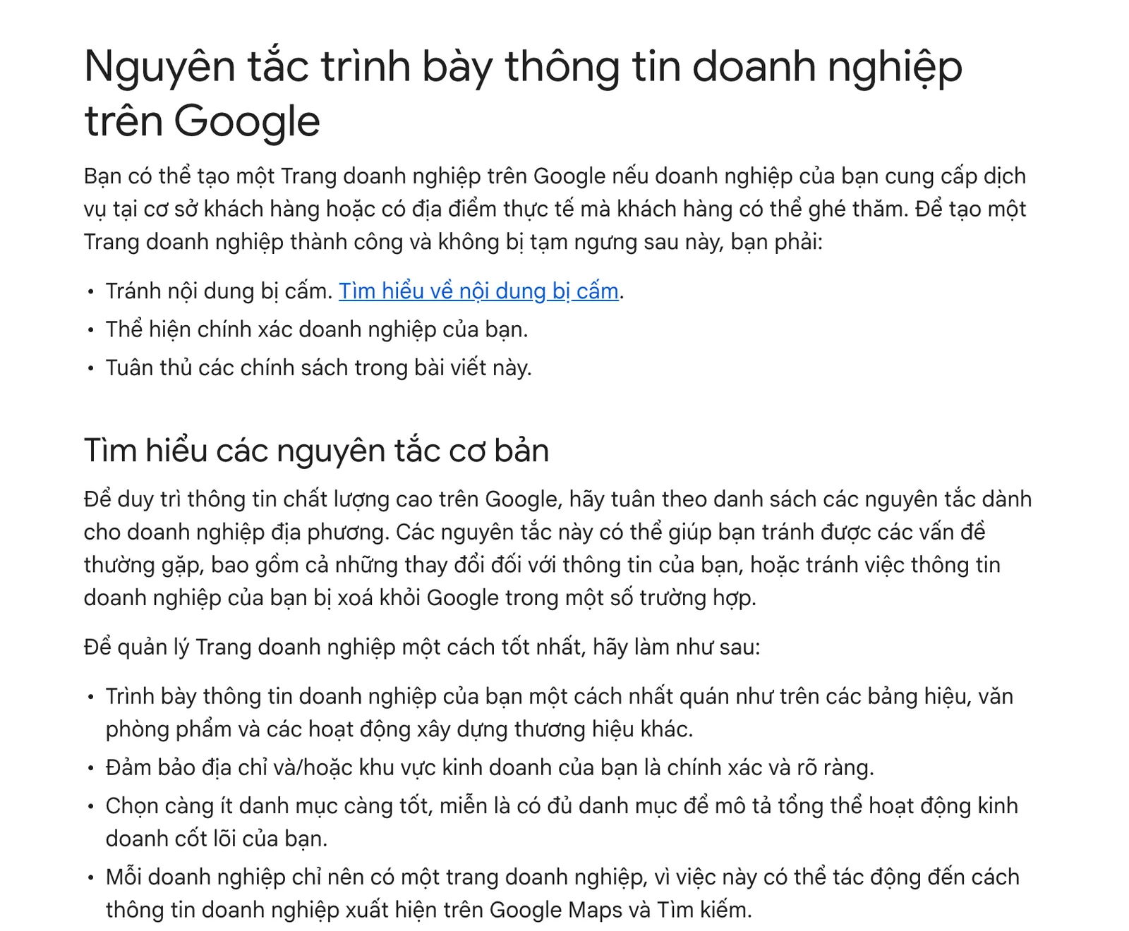 Trang trợ giúp Google: nguyên tắc trình bày thông tin doanh nghiệp, địa chỉ chính xác và nhất quán