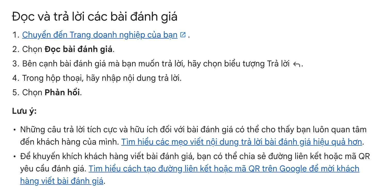 Trợ giúp Google: các bước đọc và trả lời bài đánh giá trong Trang doanh nghiệp