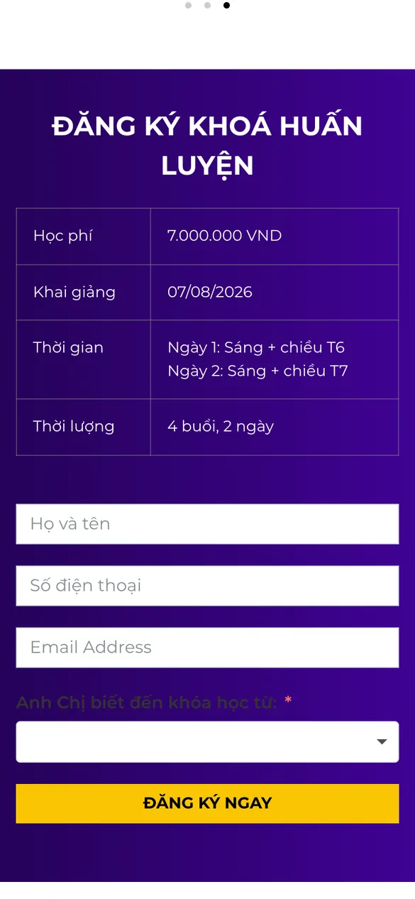 Website Học viện Concepts (VCS) - Đăng ký trên điện thoại