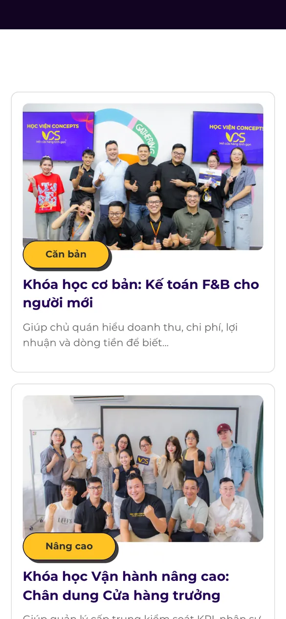 Website Học viện Concepts (VCS) - Danh sách khóa học trên điện thoại