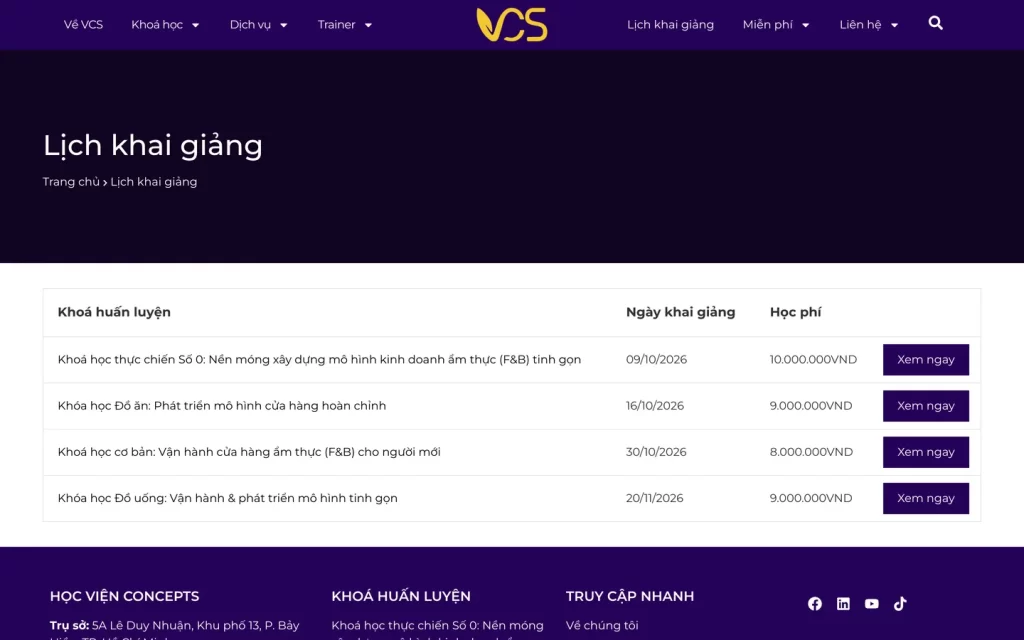 Website Học viện Concepts (VCS) - Lịch khai giảng