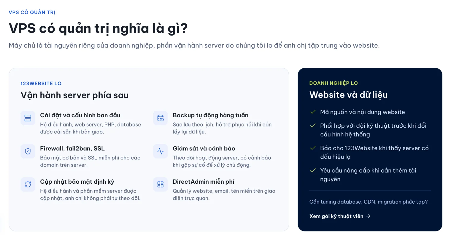 Phần việc 123Website lo và doanh nghiệp lo khi thuê VPS có quản trị