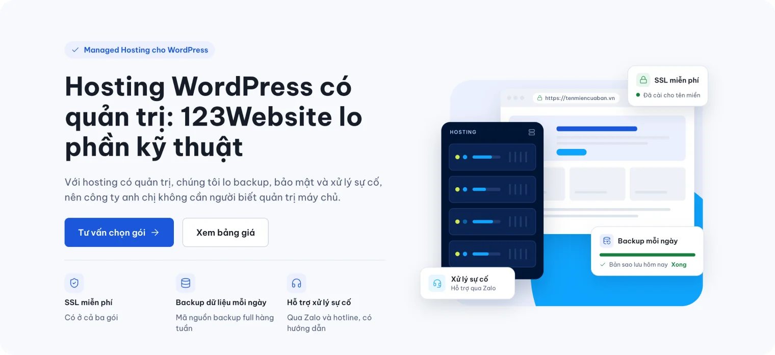 Trang hosting WordPress có quản trị của 123Website với SSL, sao lưu và hỗ trợ sự cố